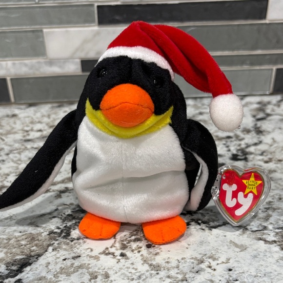 Ty Black and White Penguin Plush with Red Santa Hat - Picture 1 of 5
